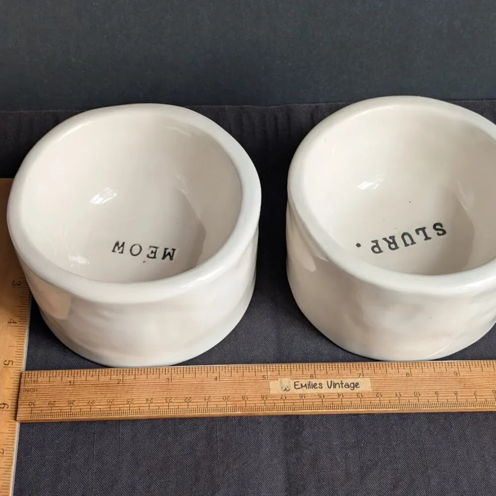 2 Rae Dunn Magenta Boutique Cat Bowls Gold Fish SLURP MEOW Pet Water Food Bowls